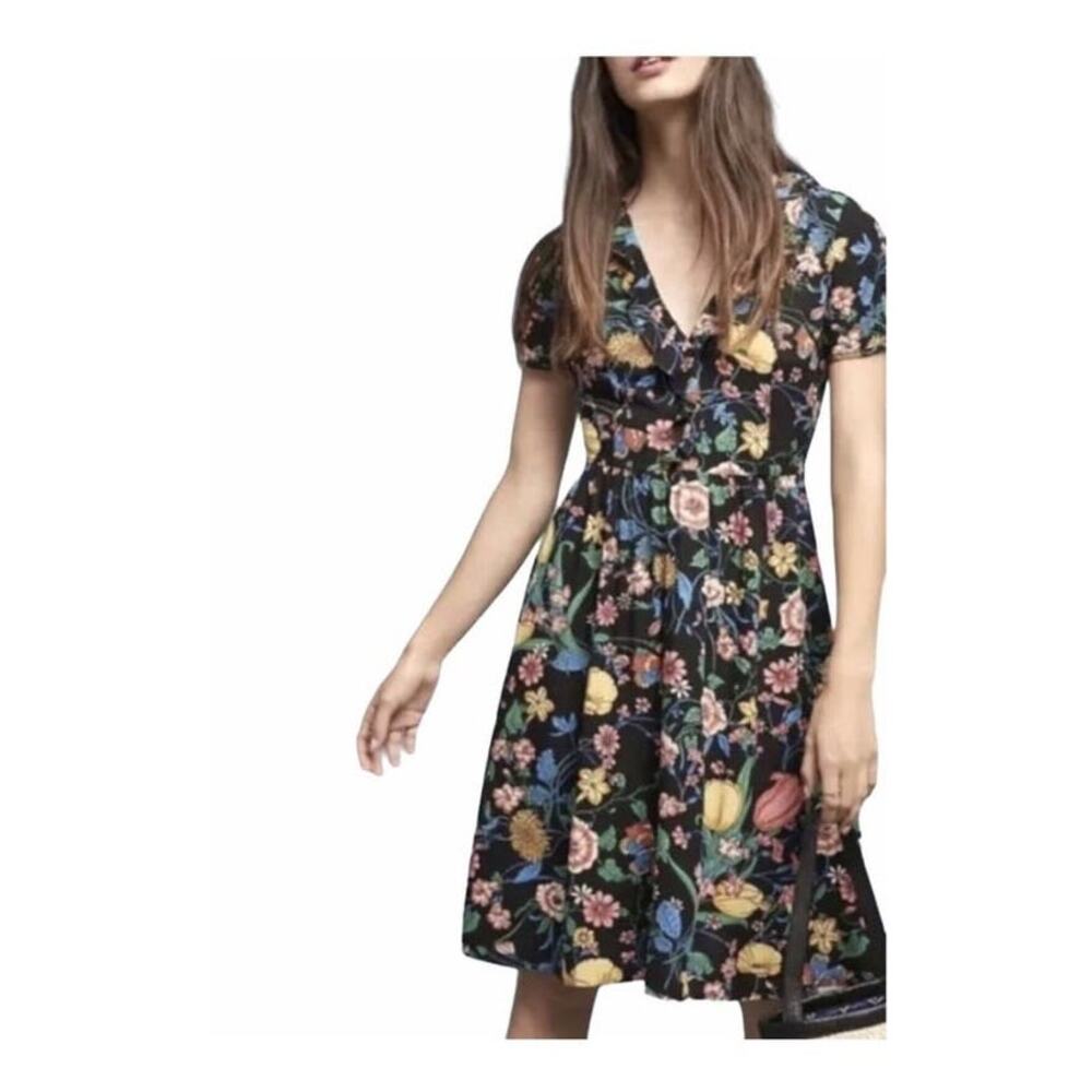 Anthropologie Maeve Bloedel Floral Butterfly Black Floral Dress Size 2